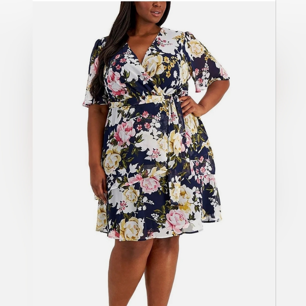 Connected Apparel Womens Navy Faux Wrap Fit & Flare Dress Plus 22W
